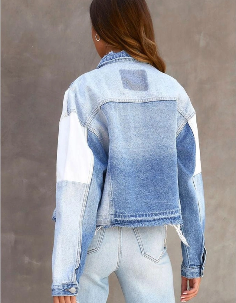 Sky Blue Color Block Denim Patchwork Frayed Hem Jacket