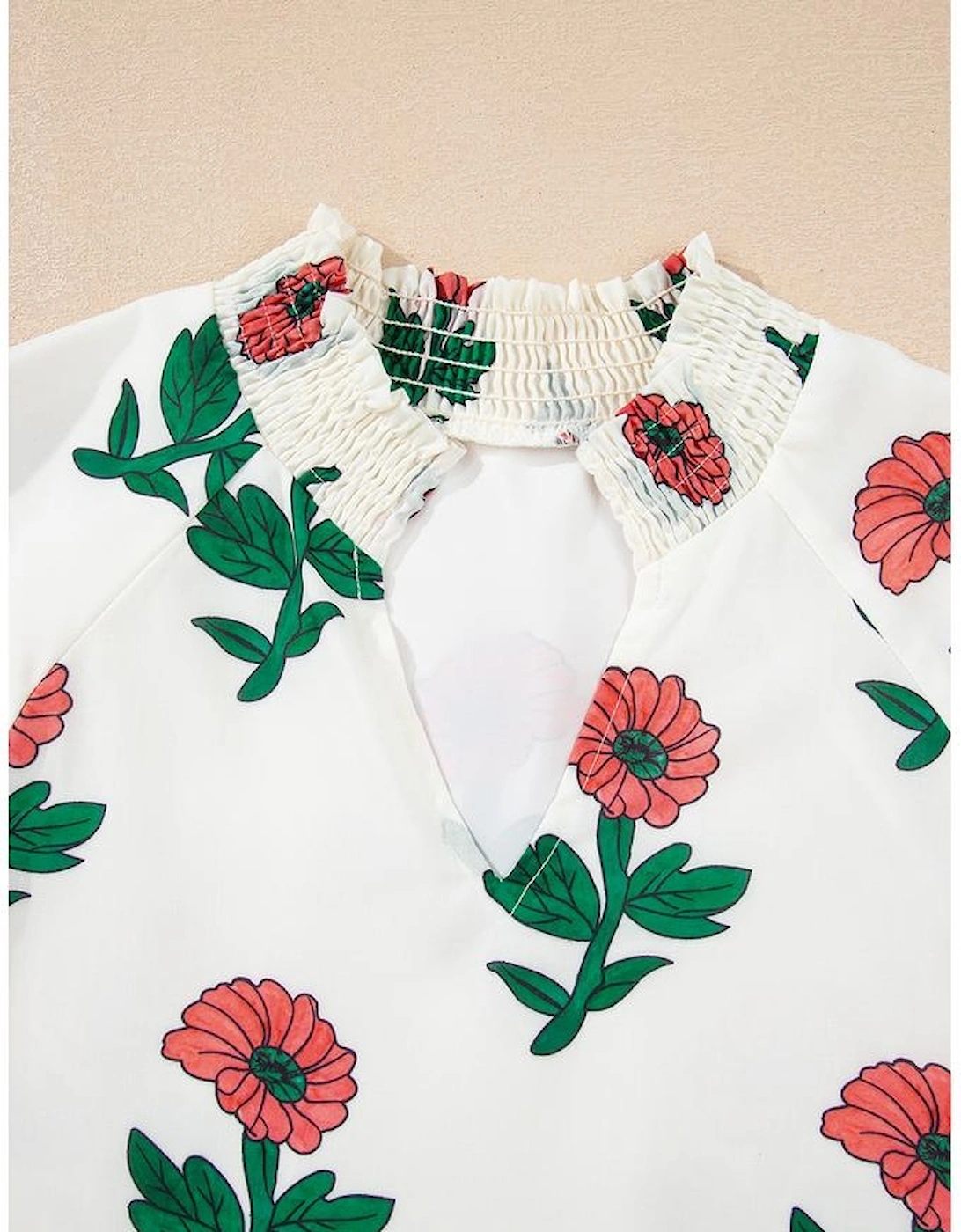 Beige Floral Print Shirred Split Neck Short Sleeve Blouse