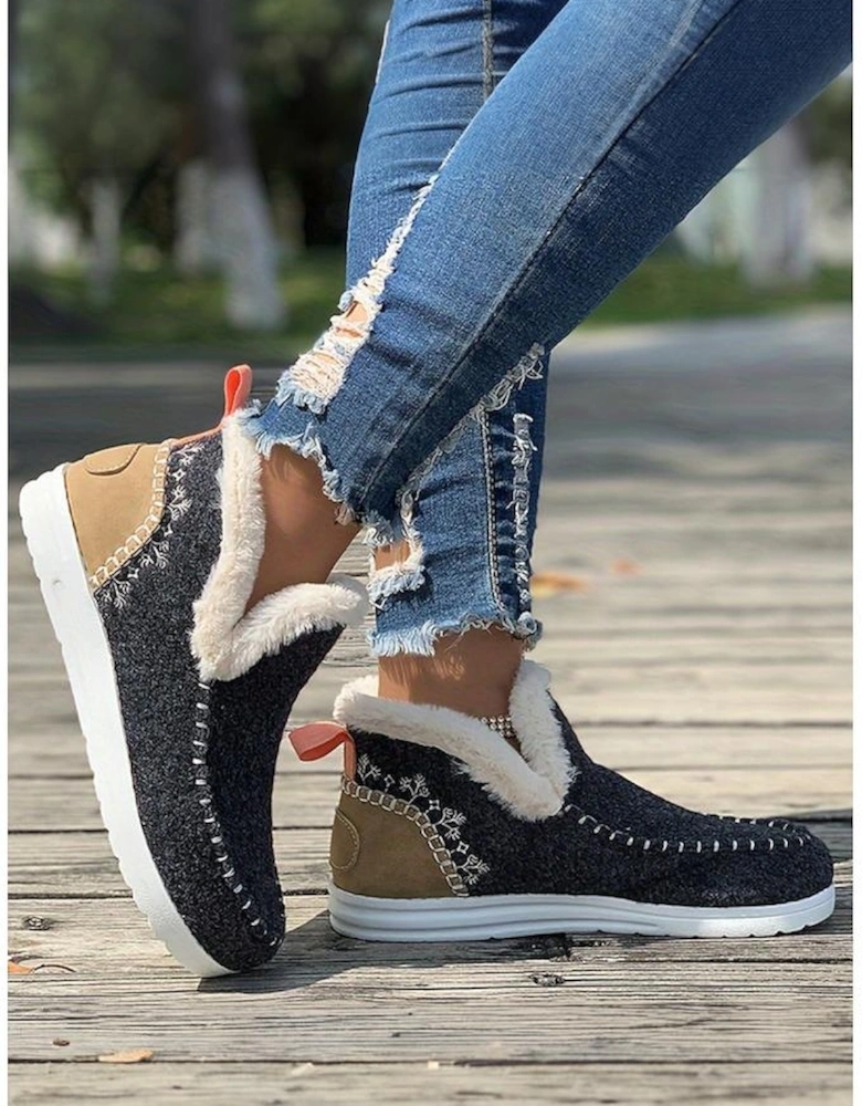 Carbon Grey Suede Stitching Patchwork Plush Lined Anklet Boots