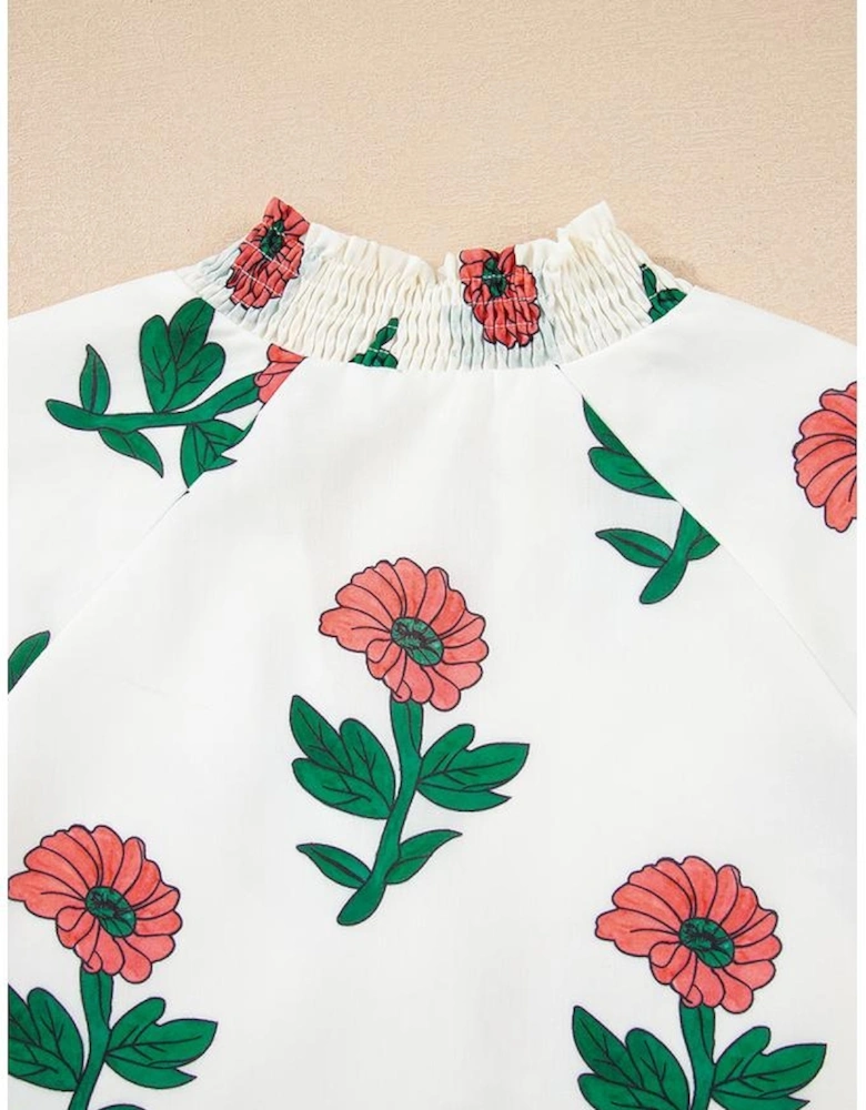 Beige Floral Print Shirred Split Neck Short Sleeve Blouse