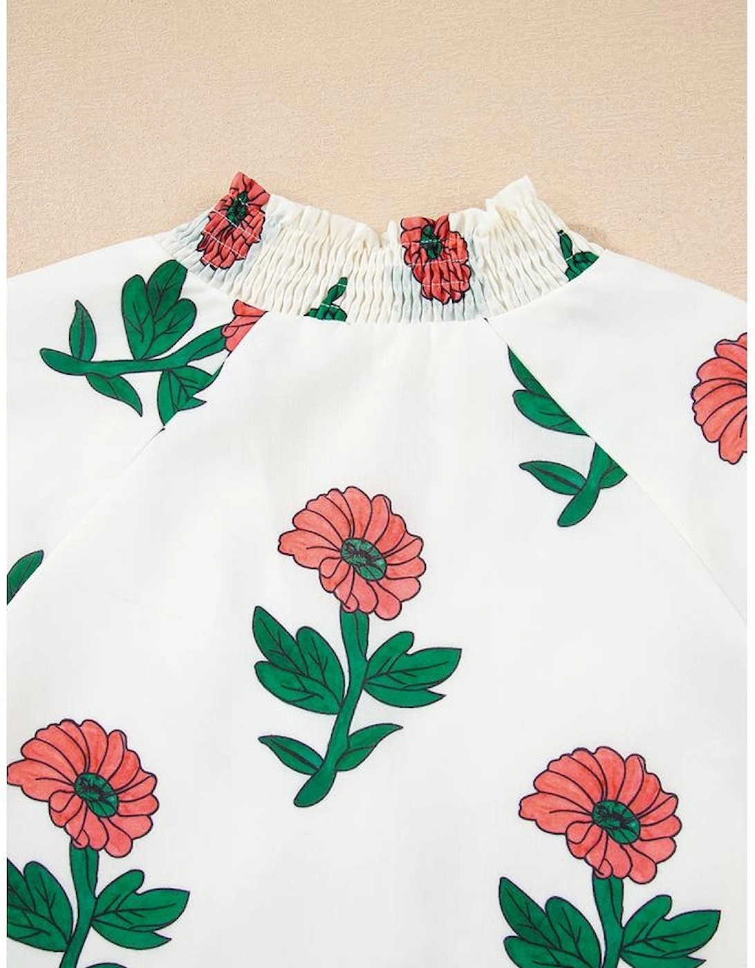 Beige Floral Print Shirred Split Neck Short Sleeve Blouse