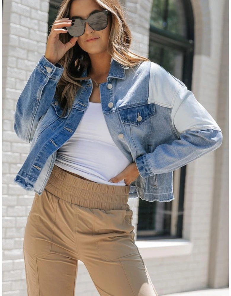 Sky Blue Color Block Denim Patchwork Frayed Hem Jacket