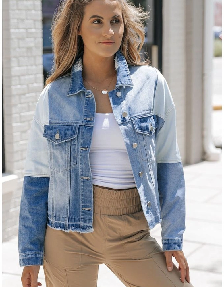 Sky Blue Color Block Denim Patchwork Frayed Hem Jacket