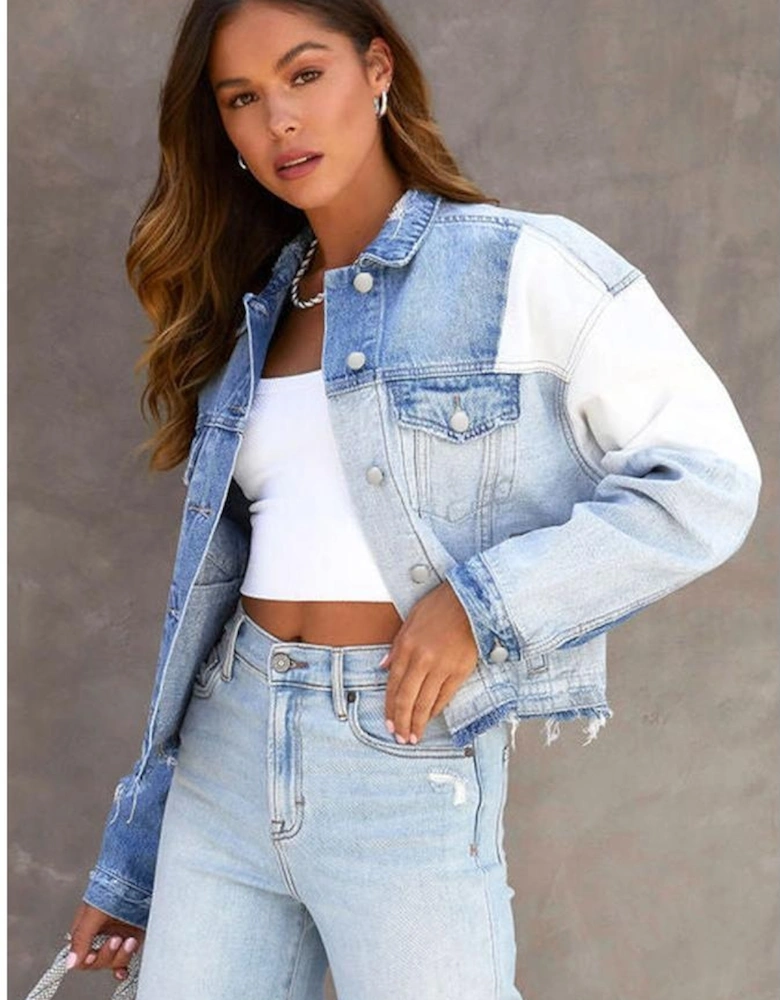 Sky Blue Color Block Denim Patchwork Frayed Hem Jacket