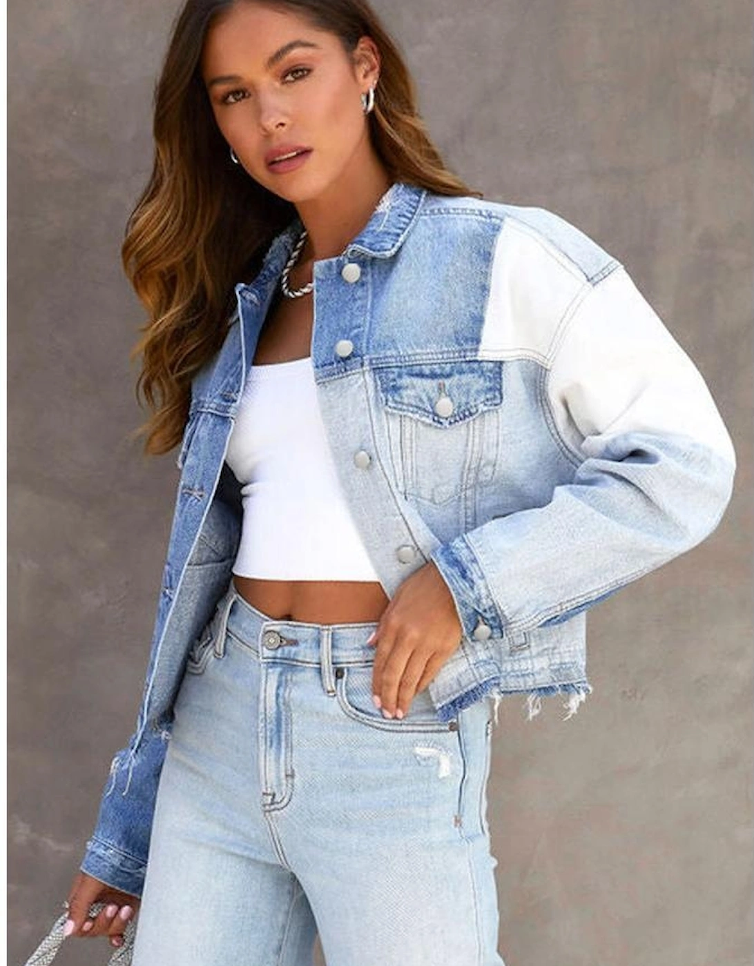 Sky Blue Color Block Denim Patchwork Frayed Hem Jacket