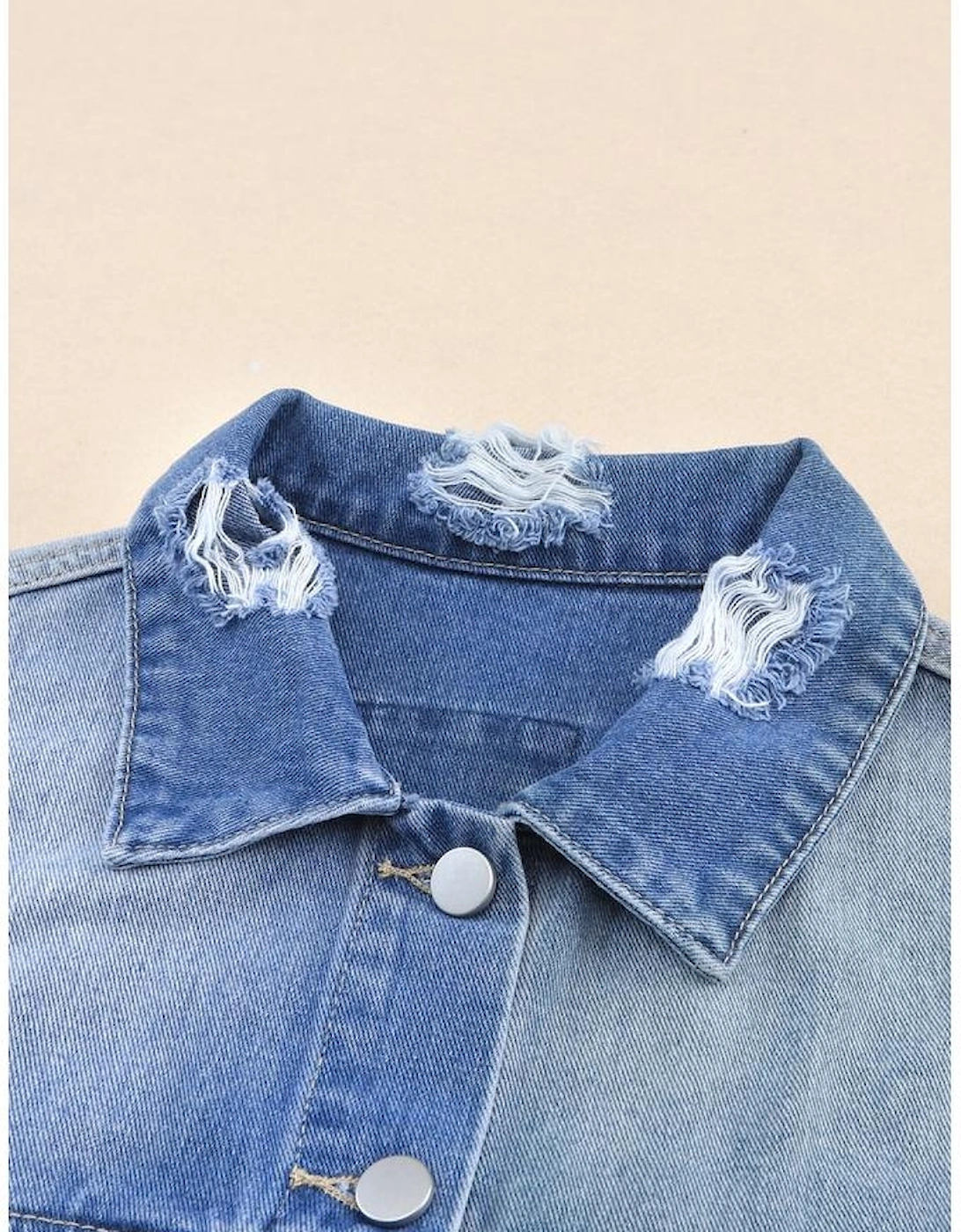 Sky Blue Color Block Denim Patchwork Frayed Hem Jacket