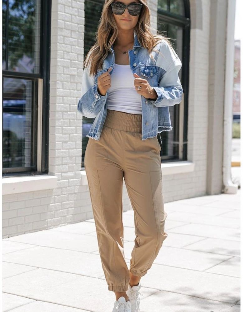 Sky Blue Color Block Denim Patchwork Frayed Hem Jacket