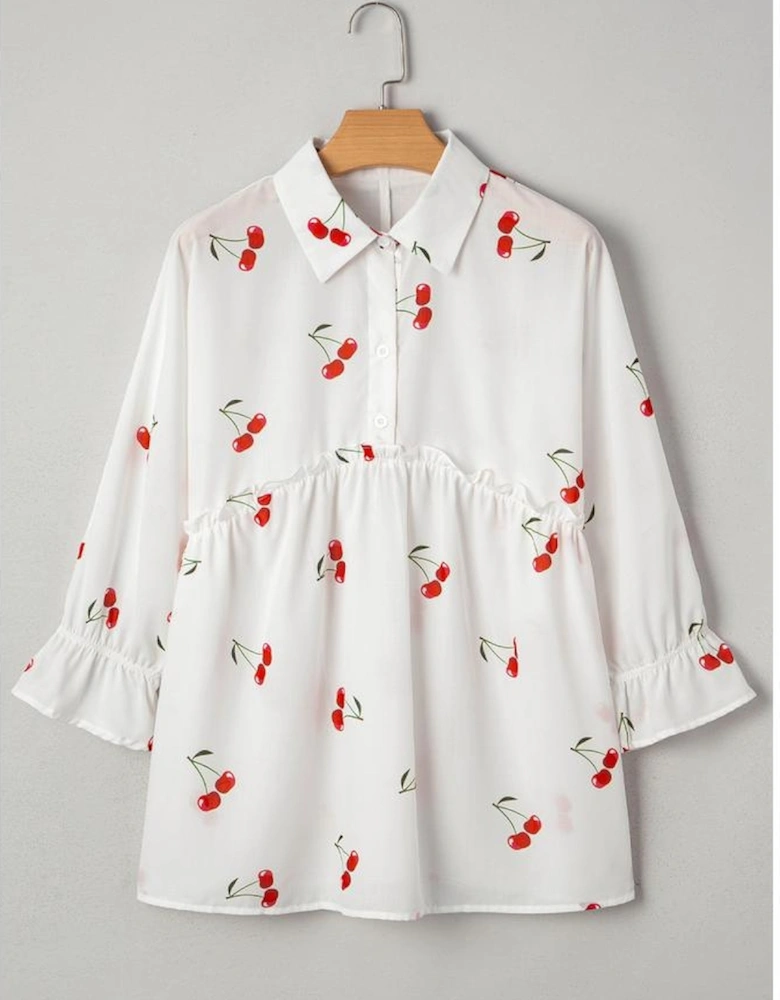 White Cherry Print Flounce Sleeve Collared Frilled Babydoll Blouse