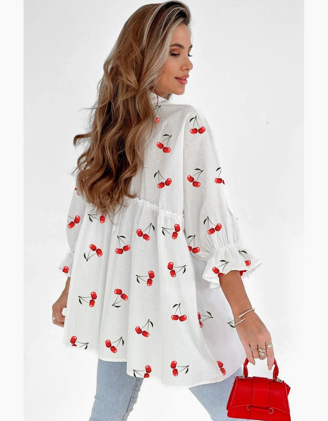 White Cherry Print Flounce Sleeve Collared Frilled Babydoll Blouse, 13 of 12