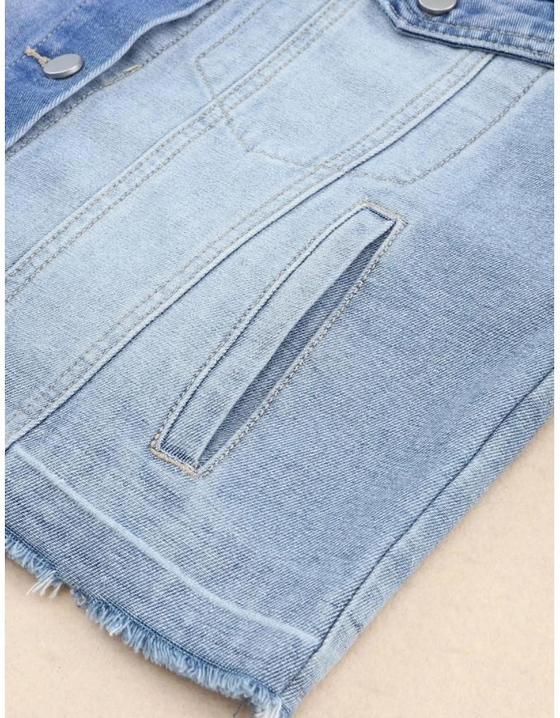 Sky Blue Color Block Denim Patchwork Frayed Hem Jacket