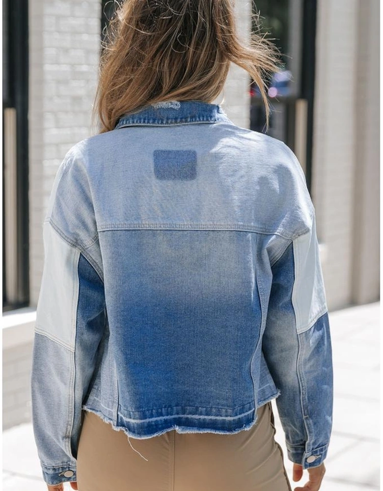 Sky Blue Color Block Denim Patchwork Frayed Hem Jacket