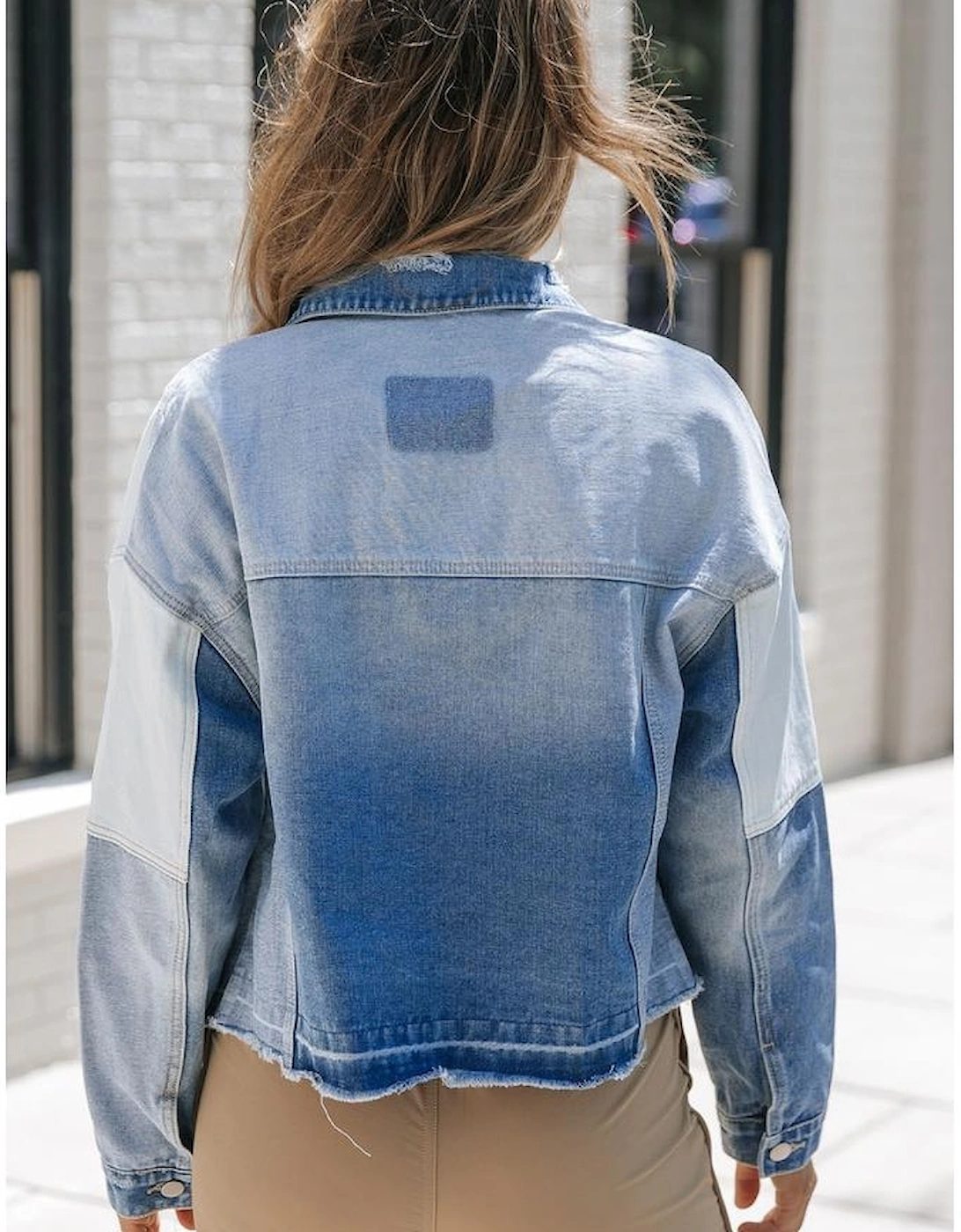 Sky Blue Color Block Denim Patchwork Frayed Hem Jacket