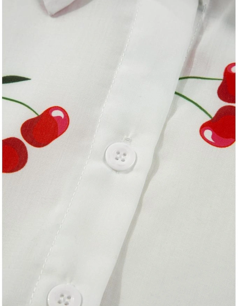 White Cherry Print Flounce Sleeve Collared Frilled Babydoll Blouse