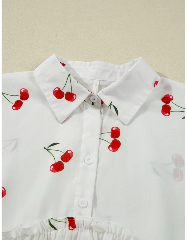 White Cherry Print Flounce Sleeve Collared Frilled Babydoll Blouse