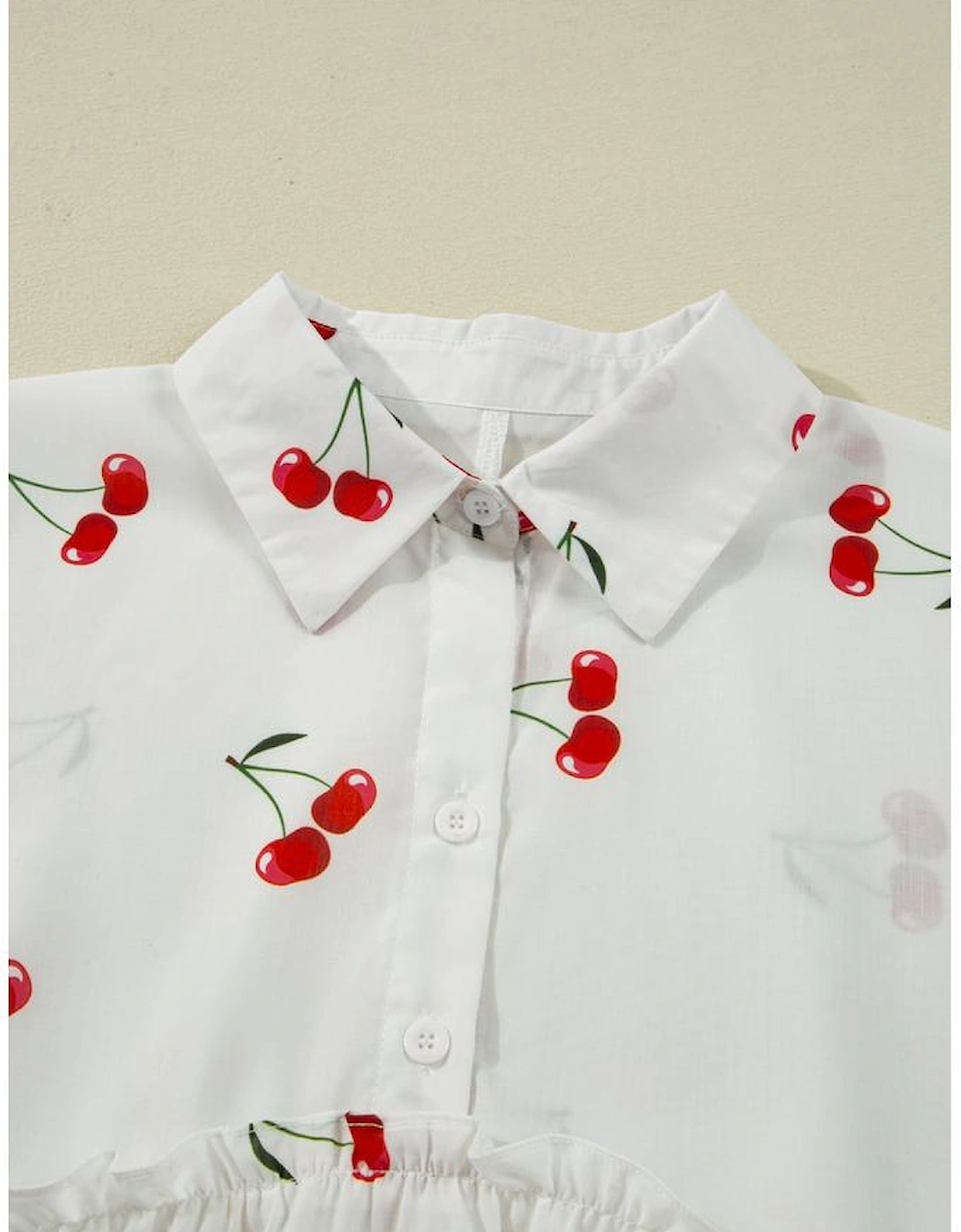 White Cherry Print Flounce Sleeve Collared Frilled Babydoll Blouse