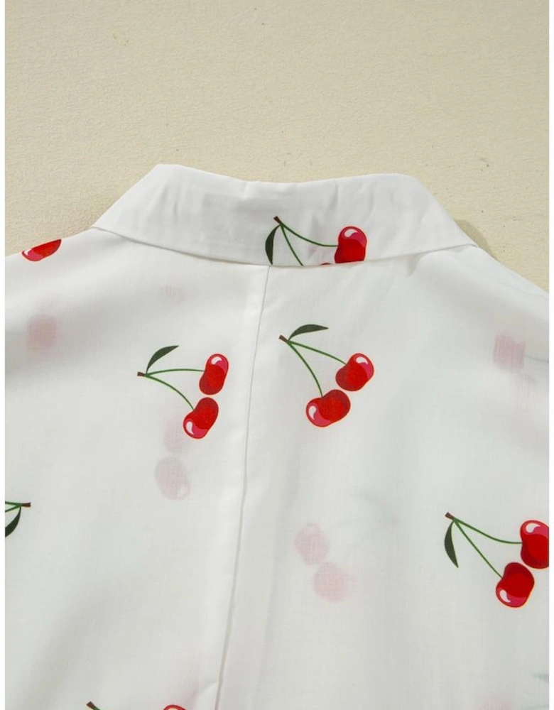 White Cherry Print Flounce Sleeve Collared Frilled Babydoll Blouse