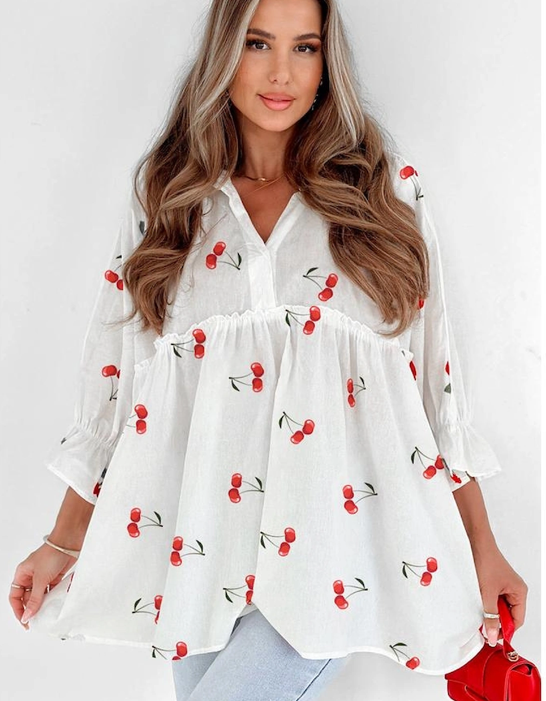 White Cherry Print Flounce Sleeve Collared Frilled Babydoll Blouse