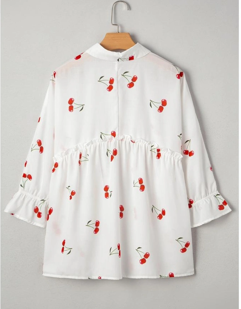 White Cherry Print Flounce Sleeve Collared Frilled Babydoll Blouse