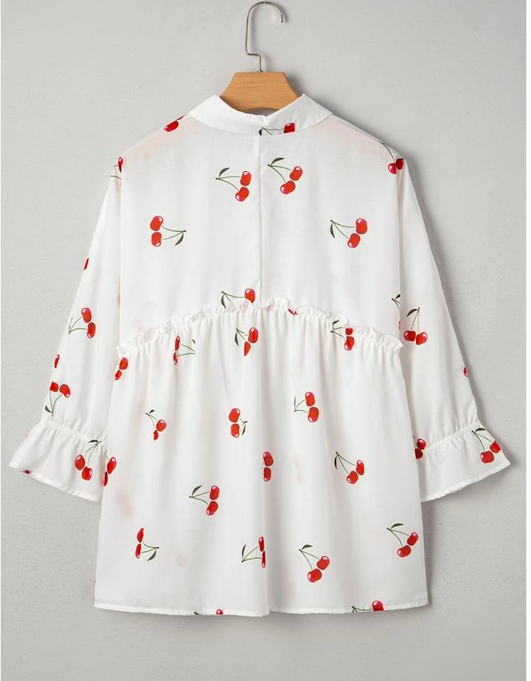 White Cherry Print Flounce Sleeve Collared Frilled Babydoll Blouse
