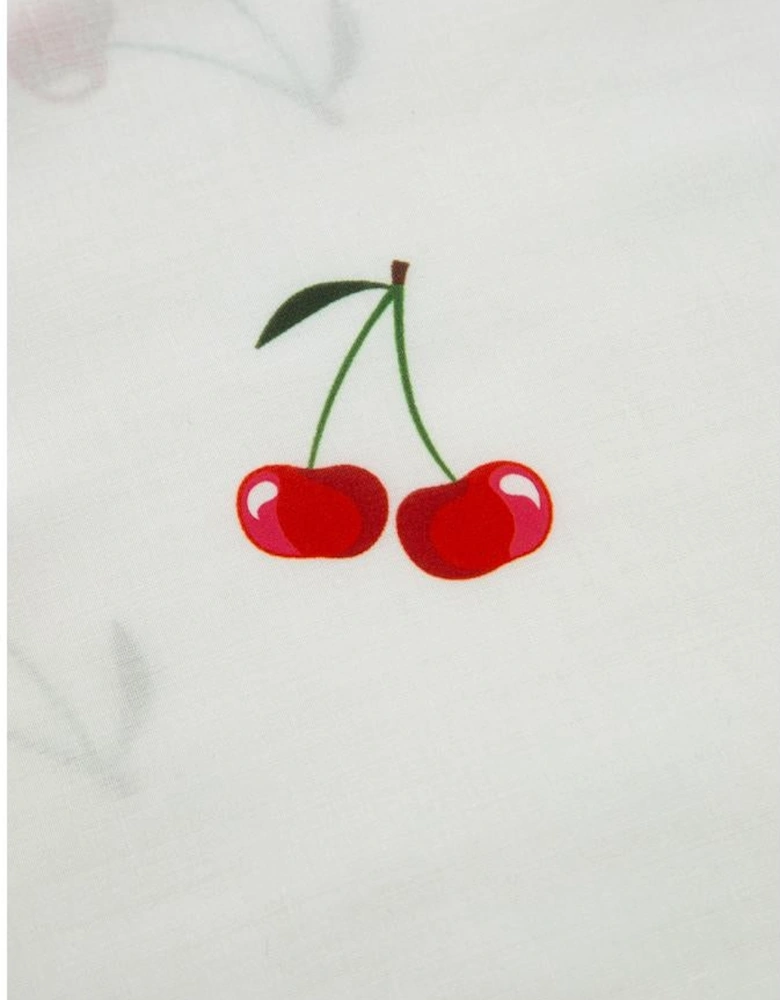 White Cherry Print Flounce Sleeve Collared Frilled Babydoll Blouse