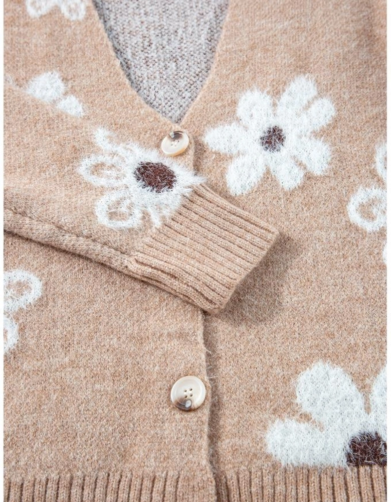 Smoke Gray Floral Print V Neck Knitted Button up Cardigan