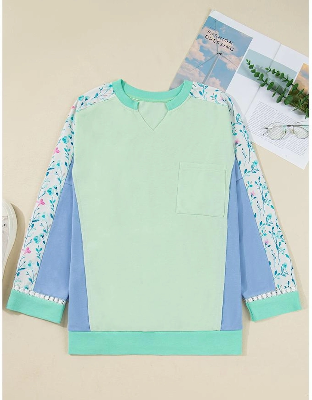 Green Color Block Floral Patchwork Long Sleeve Notched Neck Plus Size Top