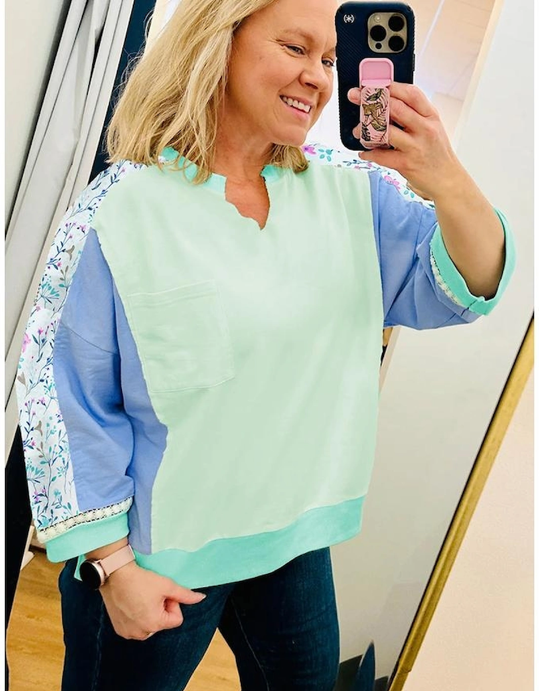 Green Color Block Floral Patchwork Long Sleeve Notched Neck Plus Size Top