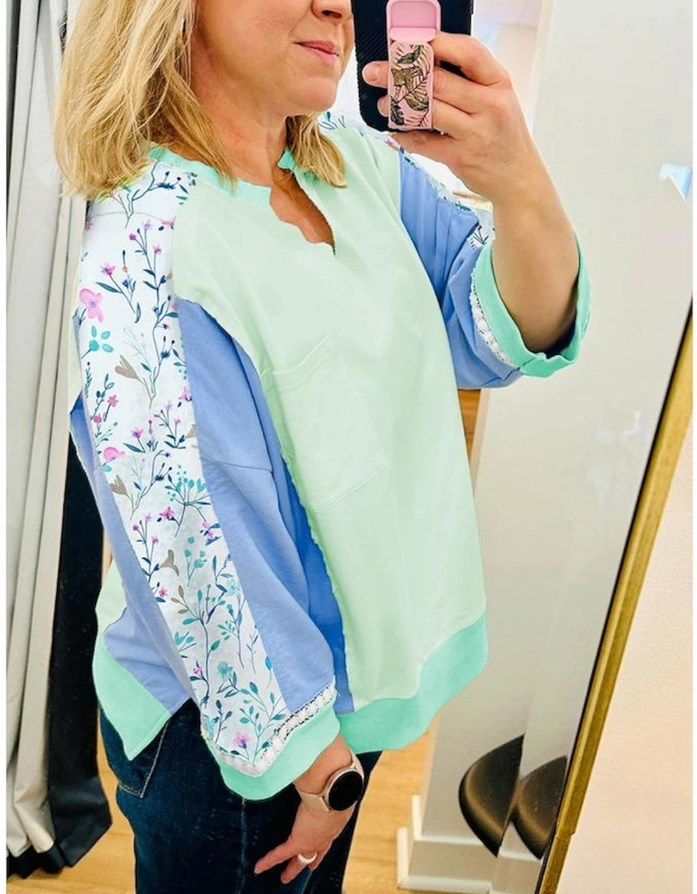 Green Color Block Floral Patchwork Long Sleeve Notched Neck Plus Size Top