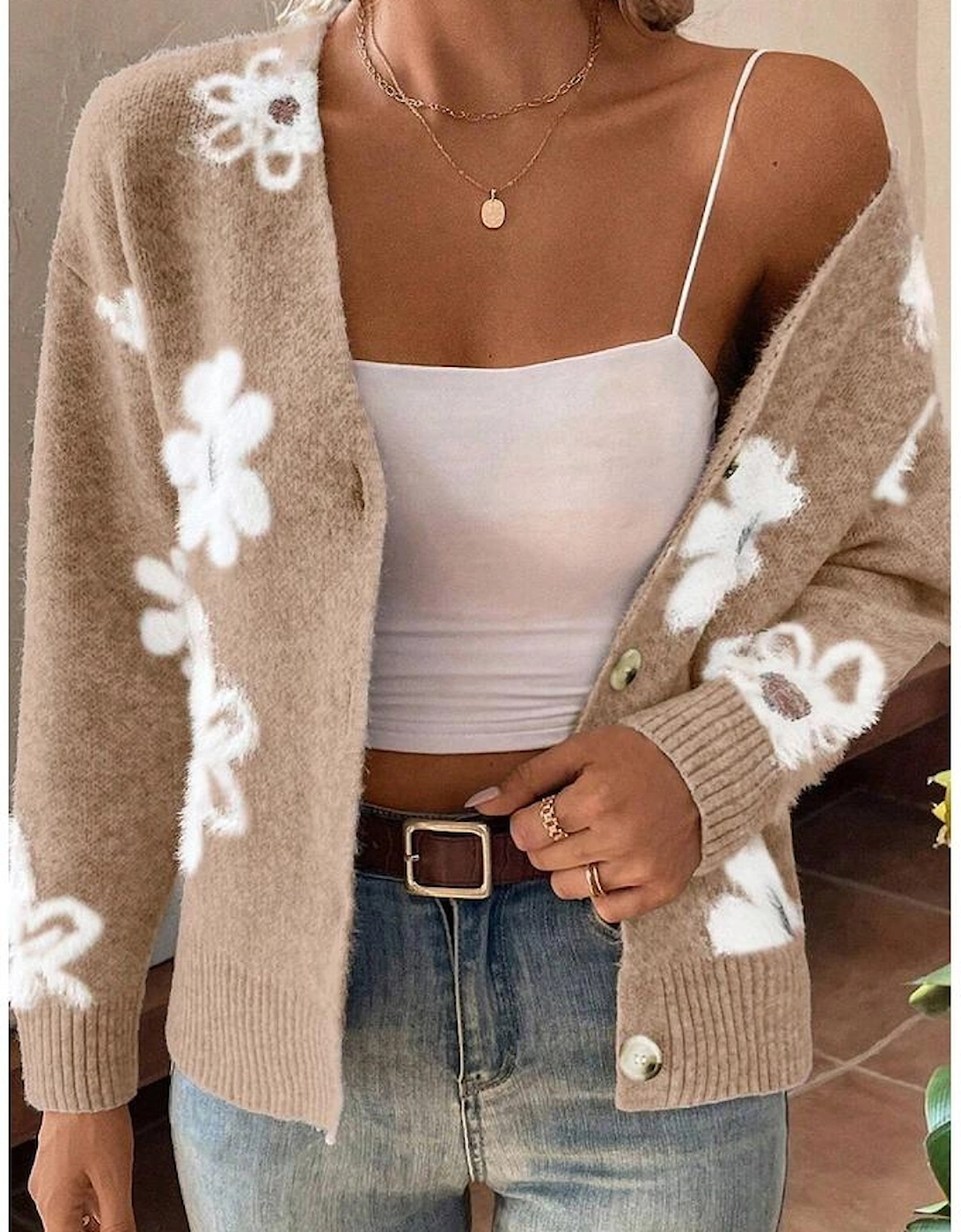 Smoke Gray Floral Print V Neck Knitted Button up Cardigan