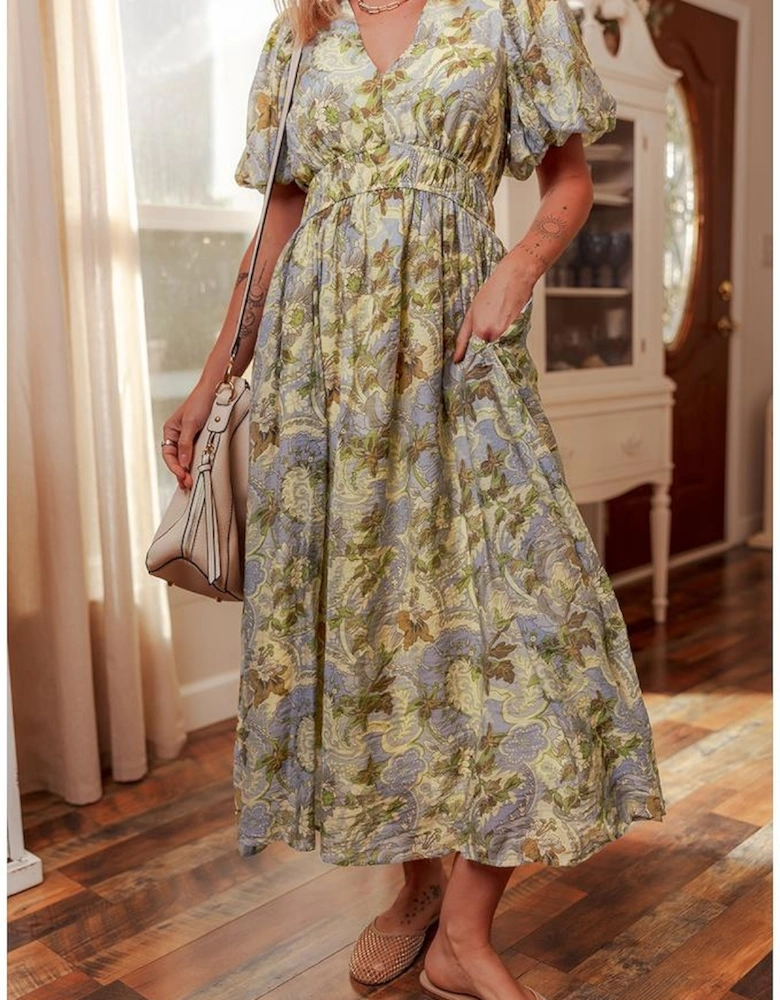 Multicolour Vintage Floral V Neck Short Puff Sleeve Long Dress