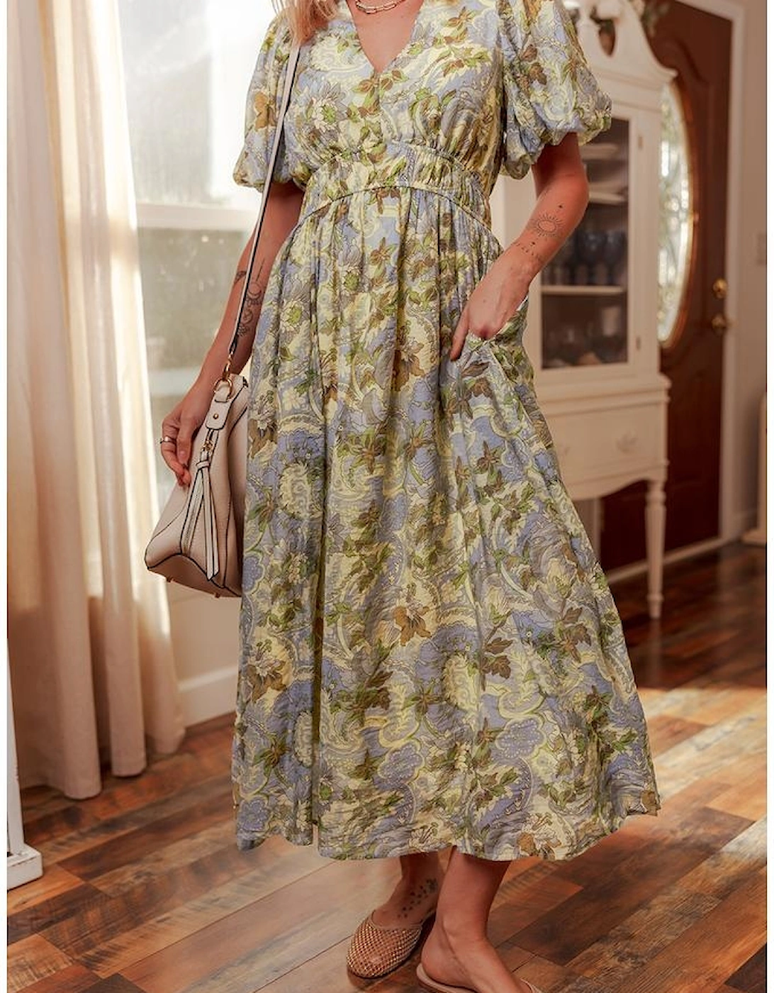 Multicolour Vintage Floral V Neck Short Puff Sleeve Long Dress