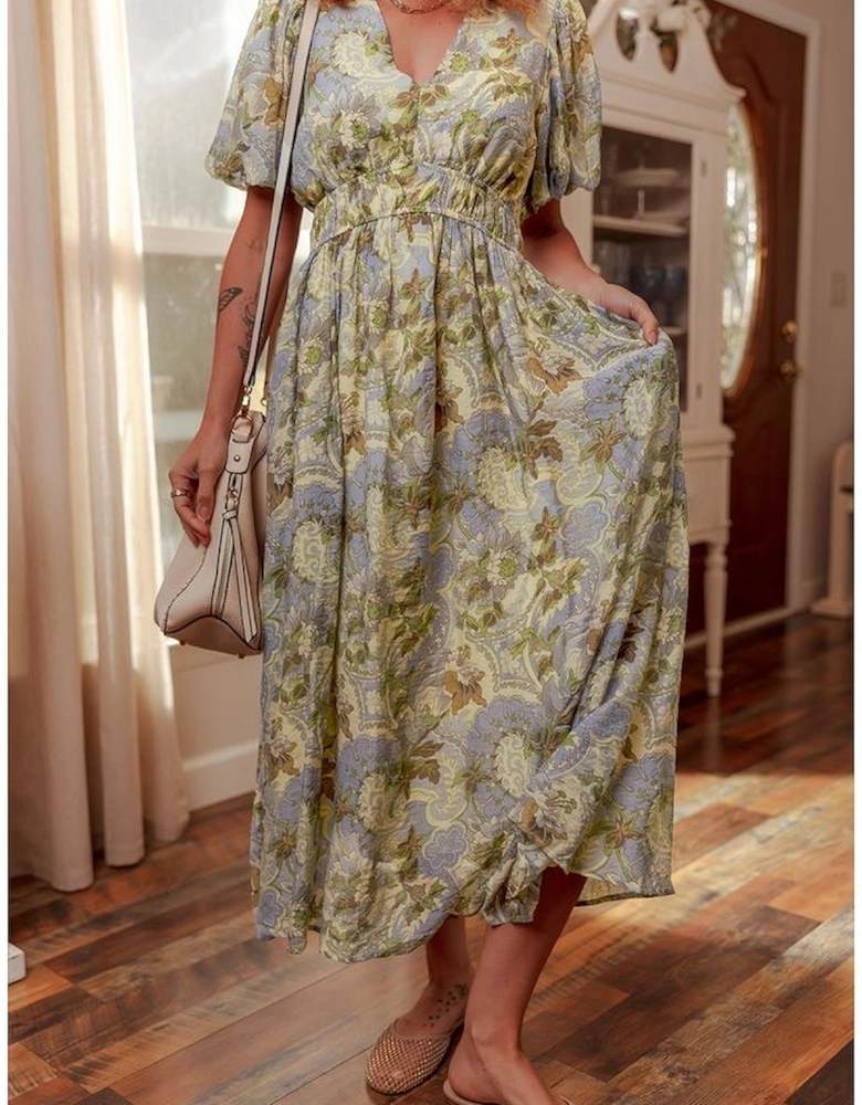 Multicolour Vintage Floral V Neck Short Puff Sleeve Long Dress