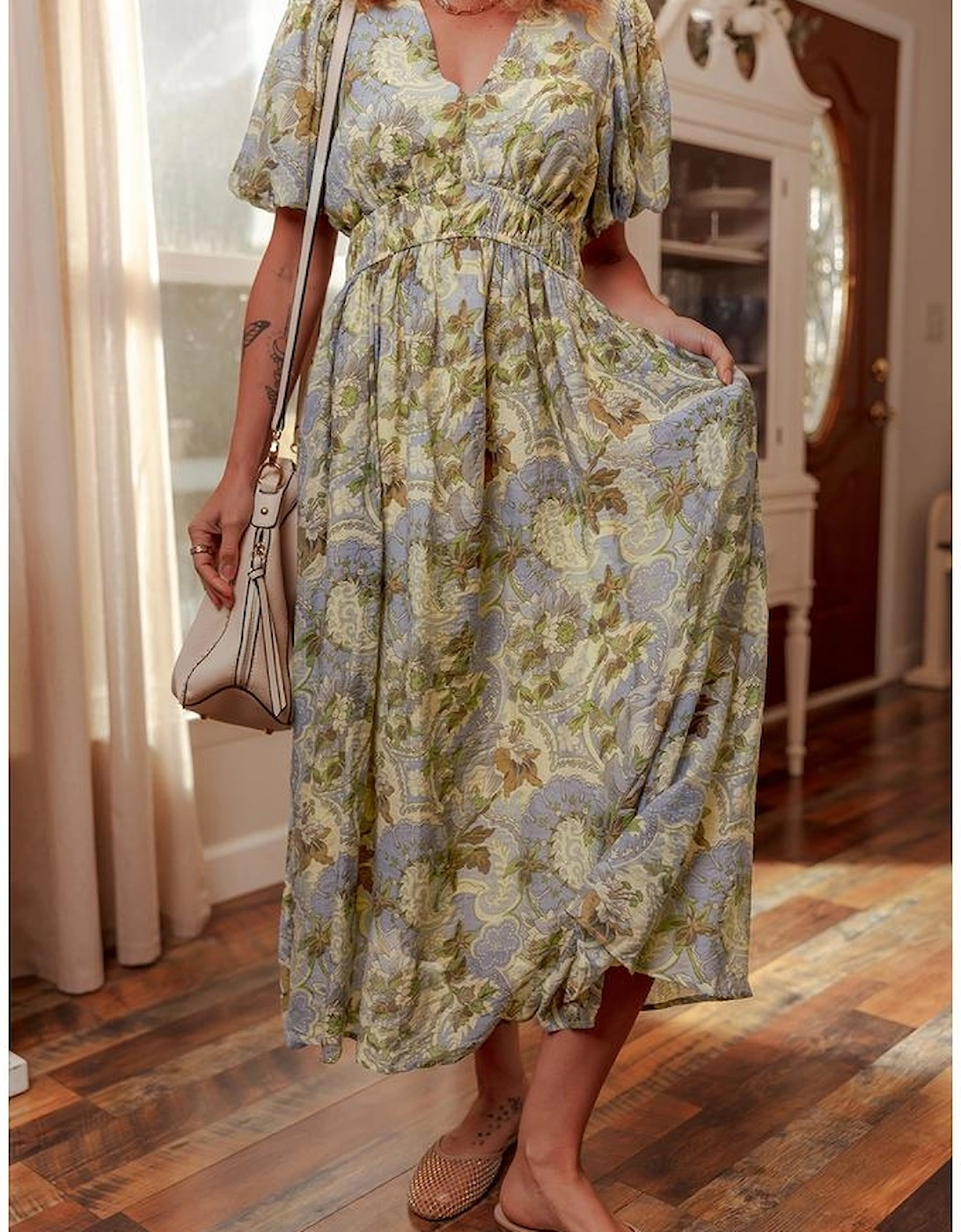 Multicolour Vintage Floral V Neck Short Puff Sleeve Long Dress