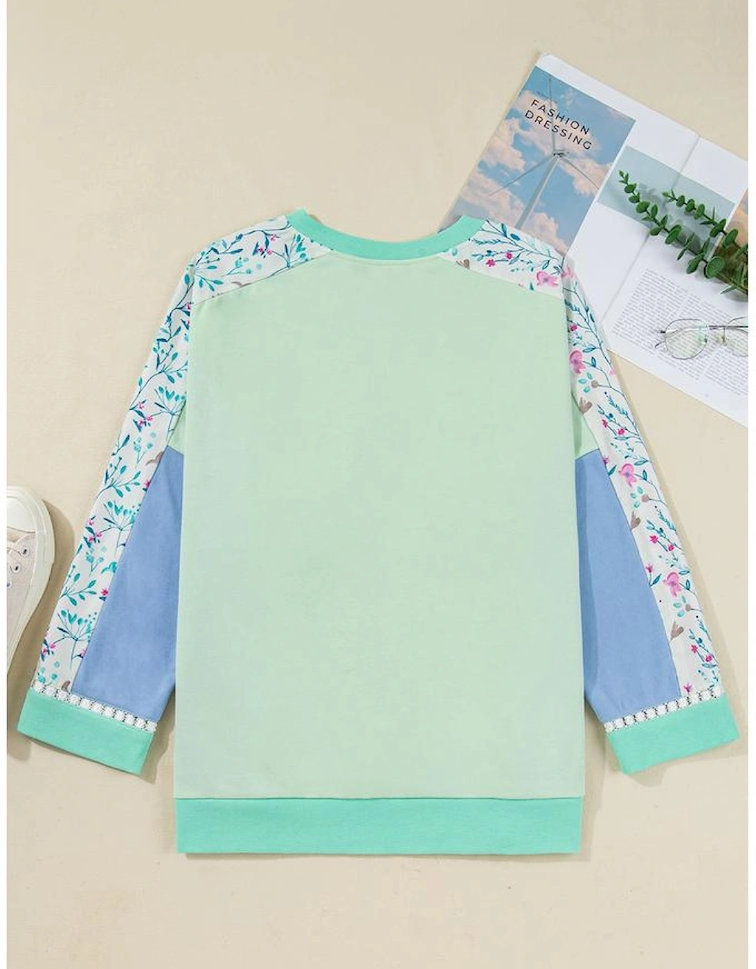 Green Color Block Floral Patchwork Long Sleeve Notched Neck Plus Size Top