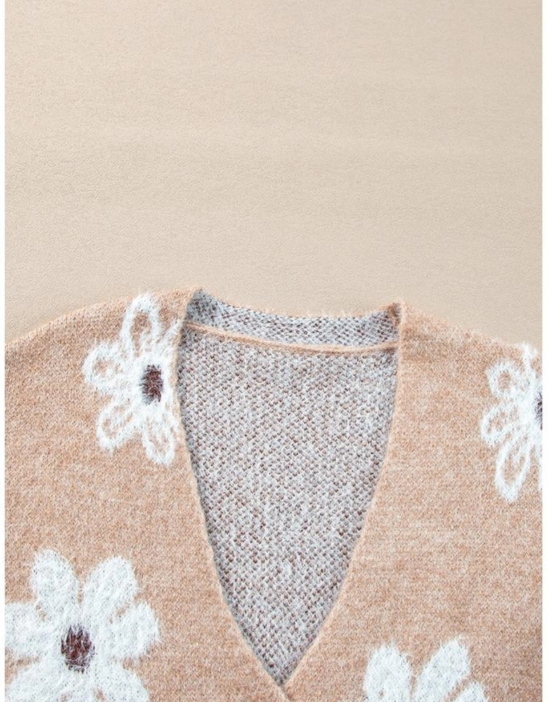 Smoke Gray Floral Print V Neck Knitted Button up Cardigan