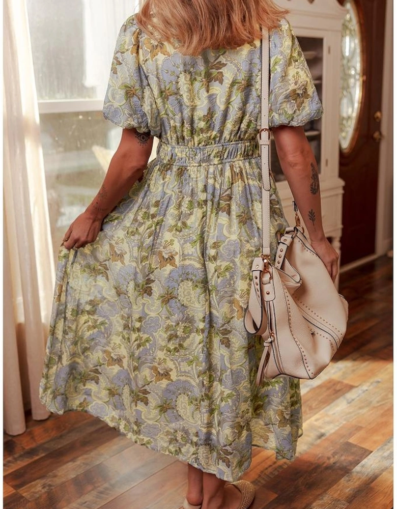 Multicolour Vintage Floral V Neck Short Puff Sleeve Long Dress