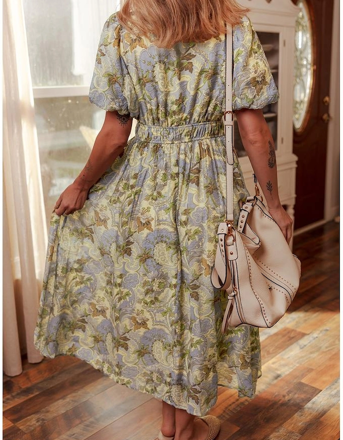 Multicolour Vintage Floral V Neck Short Puff Sleeve Long Dress, 14 of 13