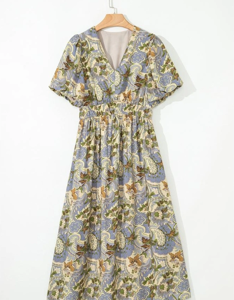 Multicolour Vintage Floral V Neck Short Puff Sleeve Long Dress