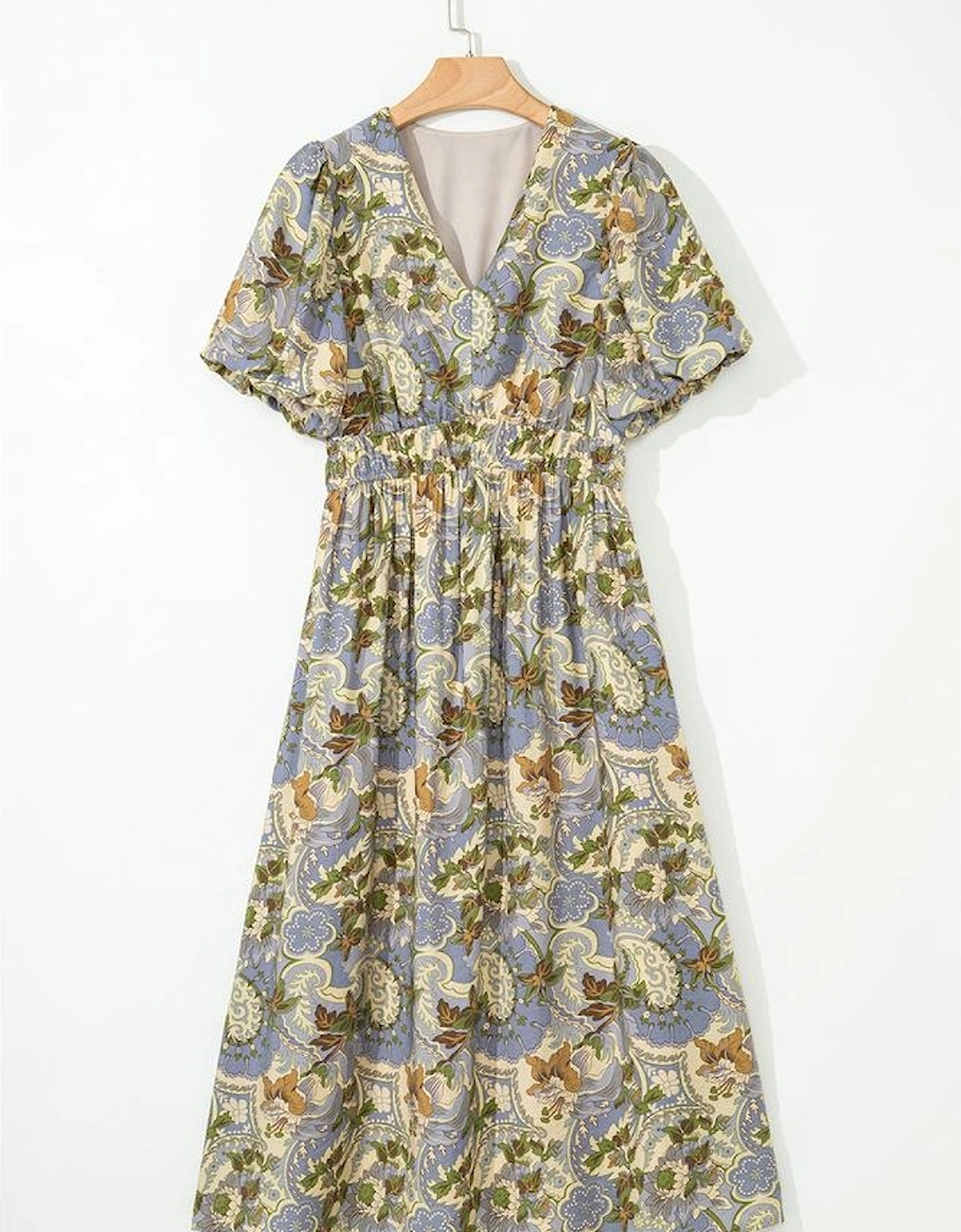 Multicolour Vintage Floral V Neck Short Puff Sleeve Long Dress