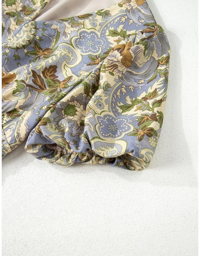 Multicolour Vintage Floral V Neck Short Puff Sleeve Long Dress