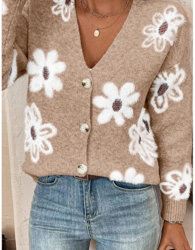 Smoke Gray Floral Print V Neck Knitted Button up Cardigan