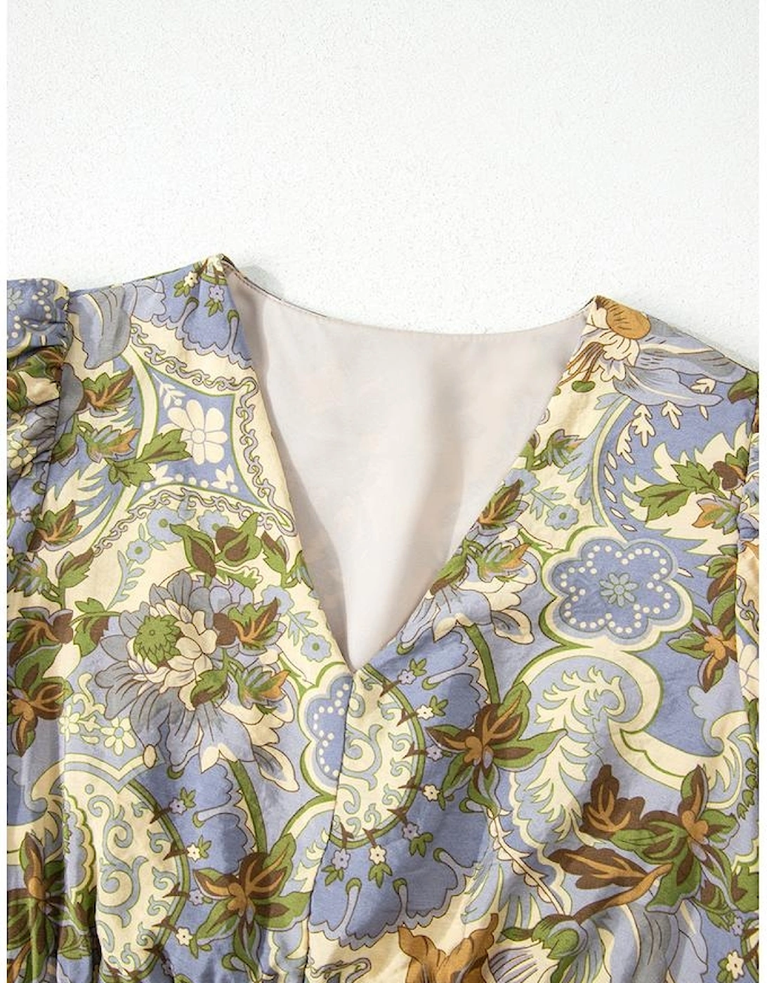 Multicolour Vintage Floral V Neck Short Puff Sleeve Long Dress