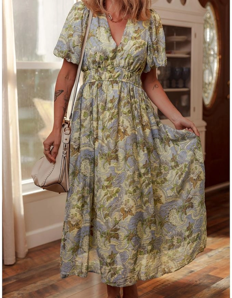 Multicolour Vintage Floral V Neck Short Puff Sleeve Long Dress