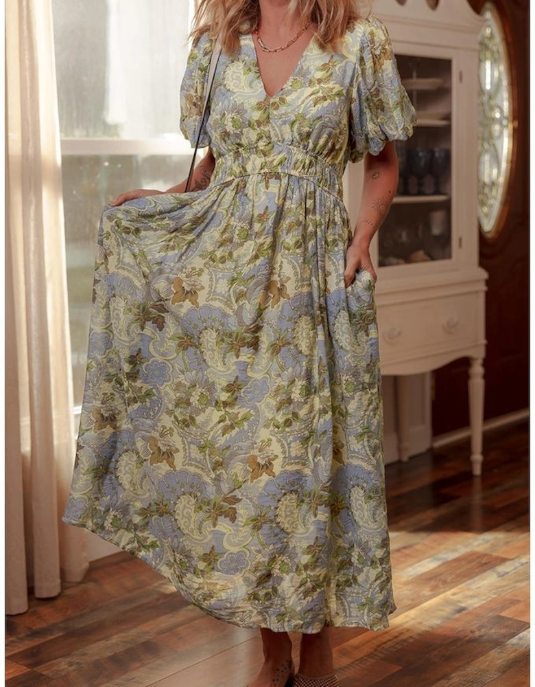 Multicolour Vintage Floral V Neck Short Puff Sleeve Long Dress