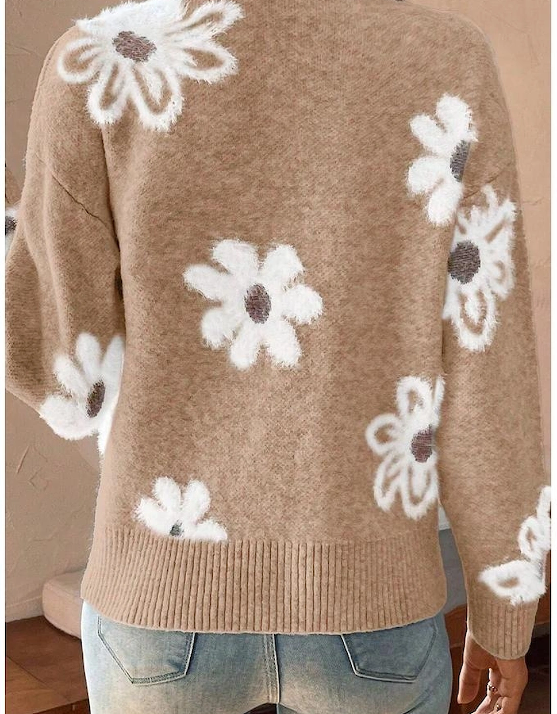 Smoke Gray Floral Print V Neck Knitted Button up Cardigan