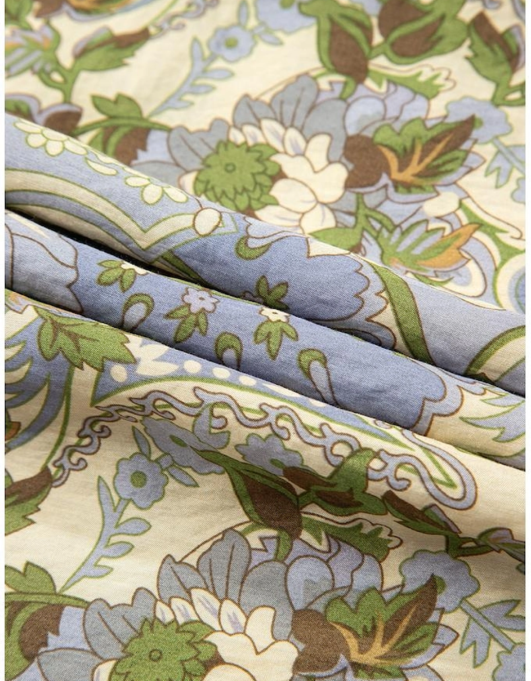 Multicolour Vintage Floral V Neck Short Puff Sleeve Long Dress