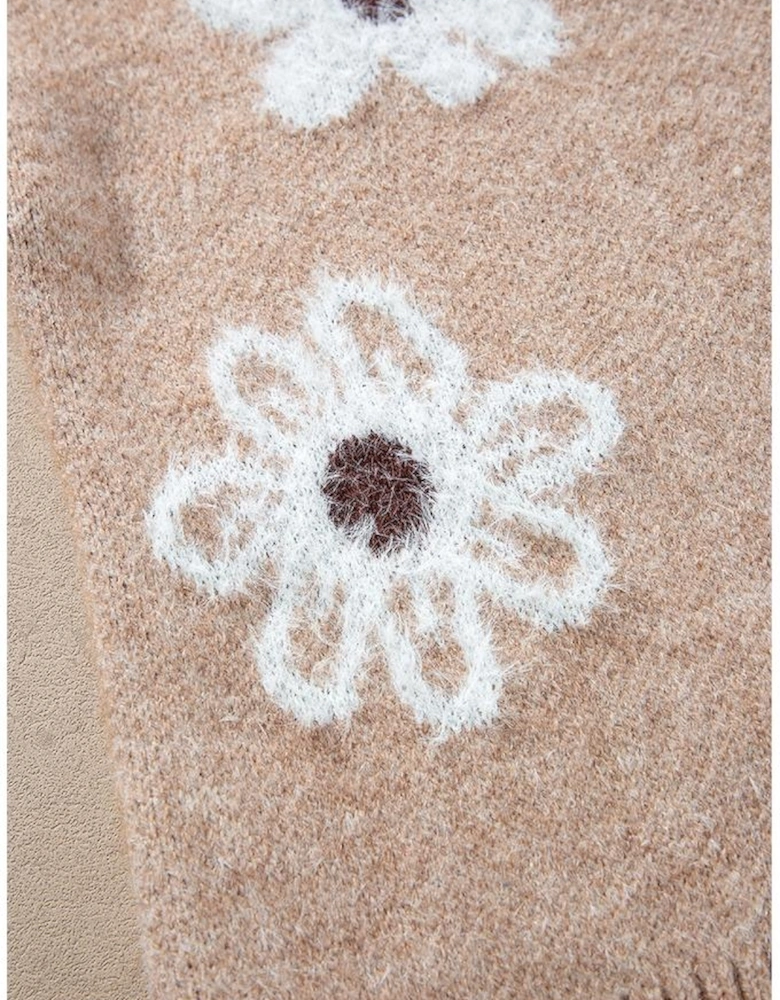 Smoke Gray Floral Print V Neck Knitted Button up Cardigan