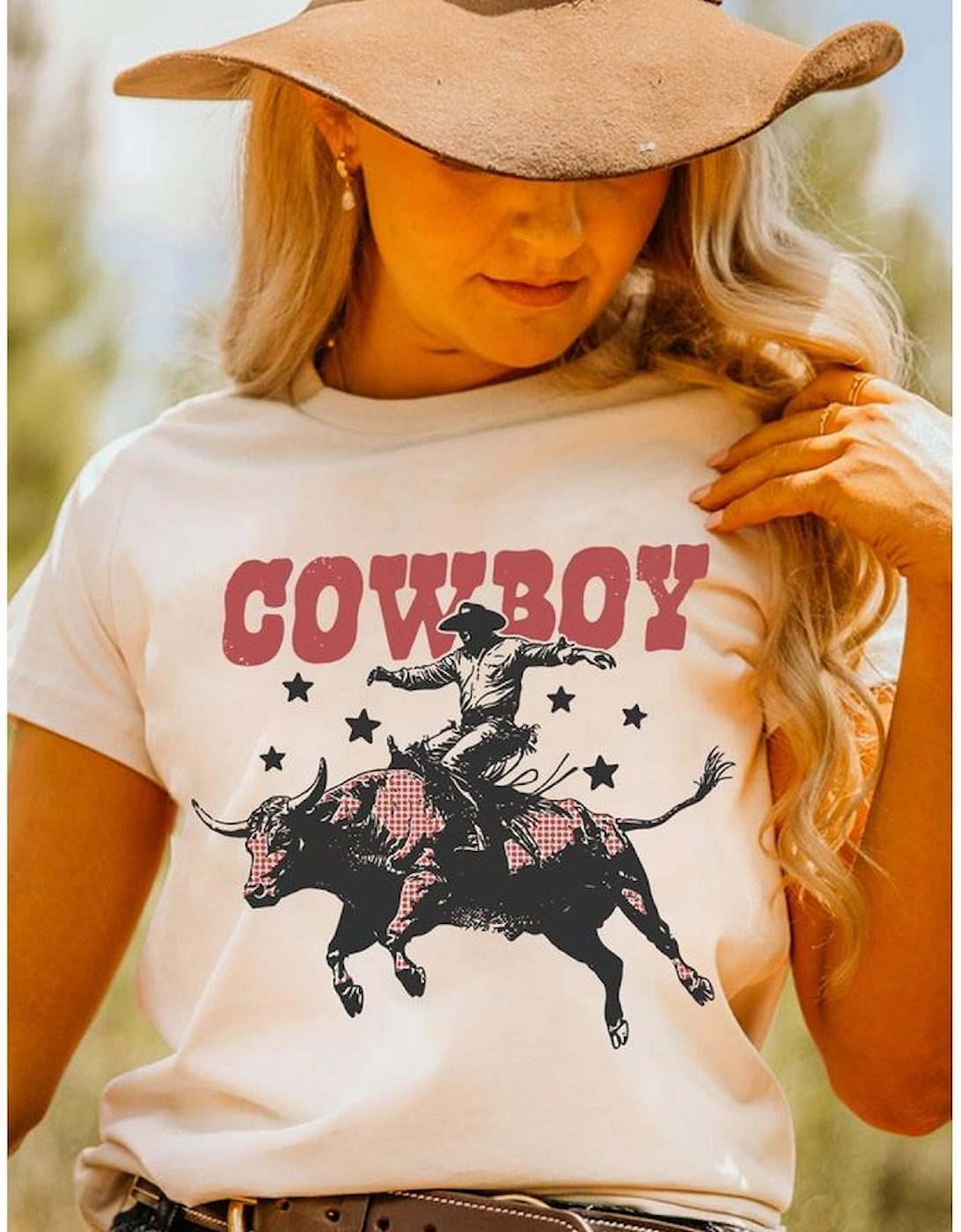 White COWBOY Star Graphic Crewneck Western Fashion Tee