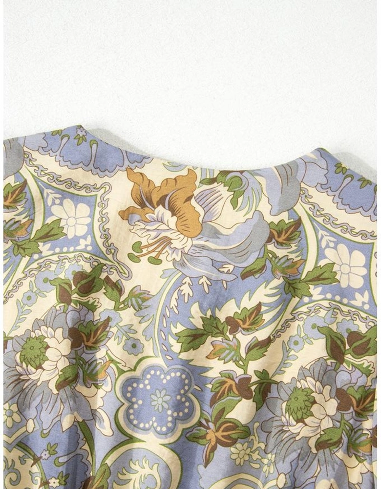 Multicolour Vintage Floral V Neck Short Puff Sleeve Long Dress