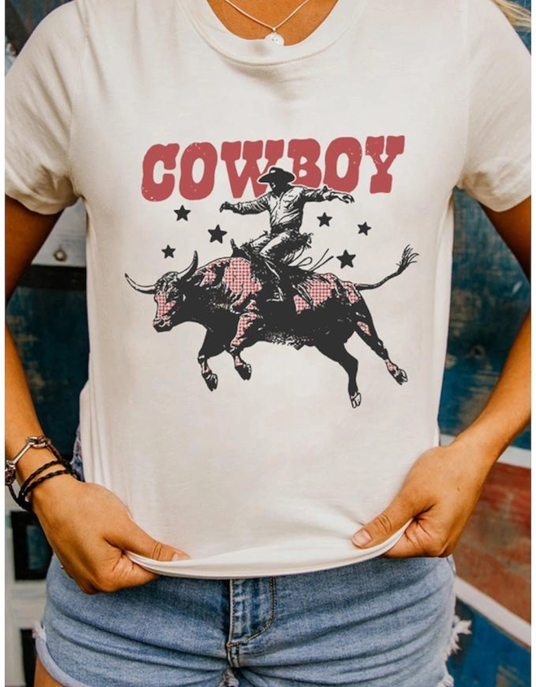 White COWBOY Star Graphic Crewneck Western Fashion Tee